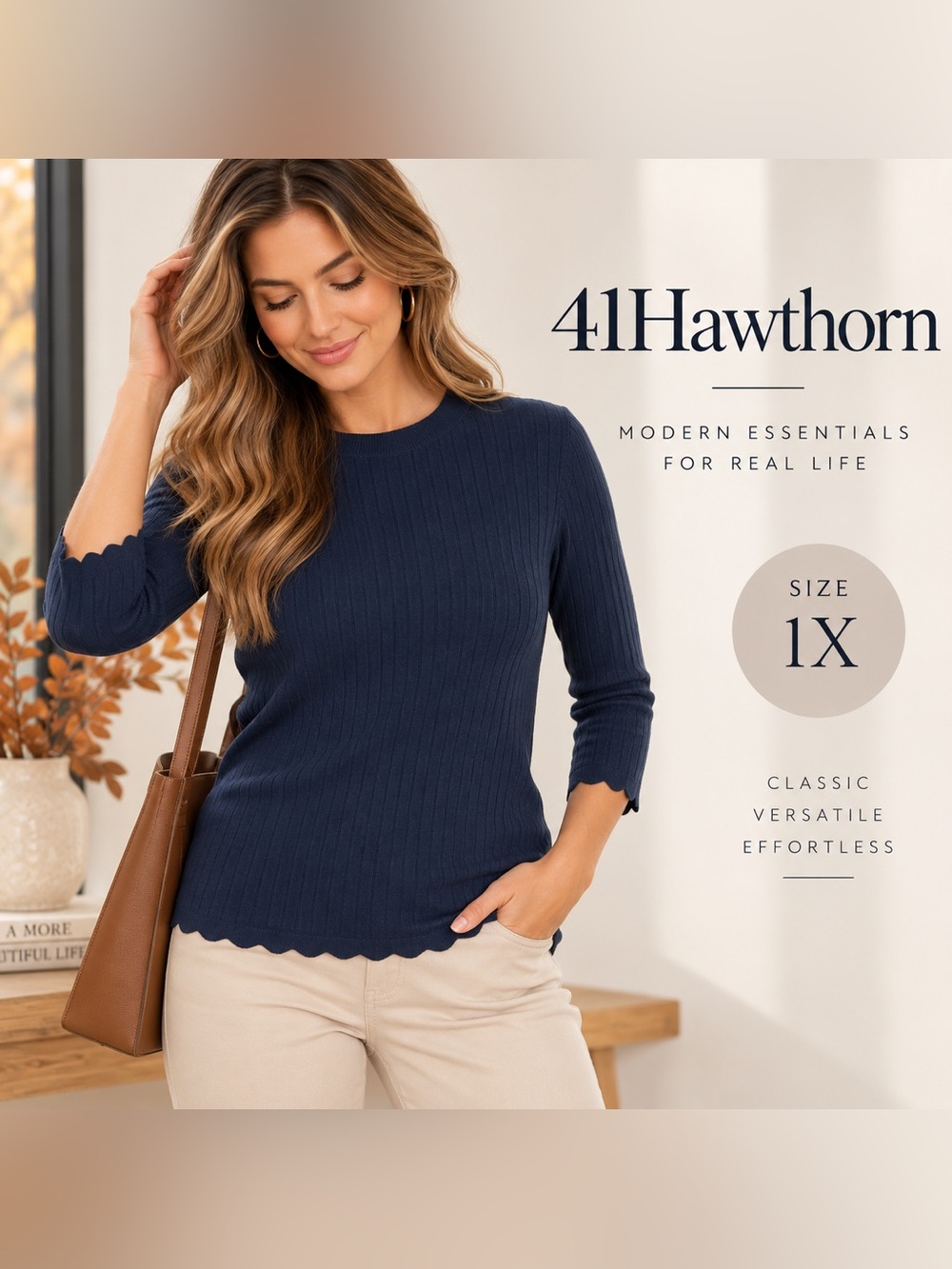 41 Hawthorn 1X Navy Ribbed Scallop Trim 3/4 Sleeve Sweater